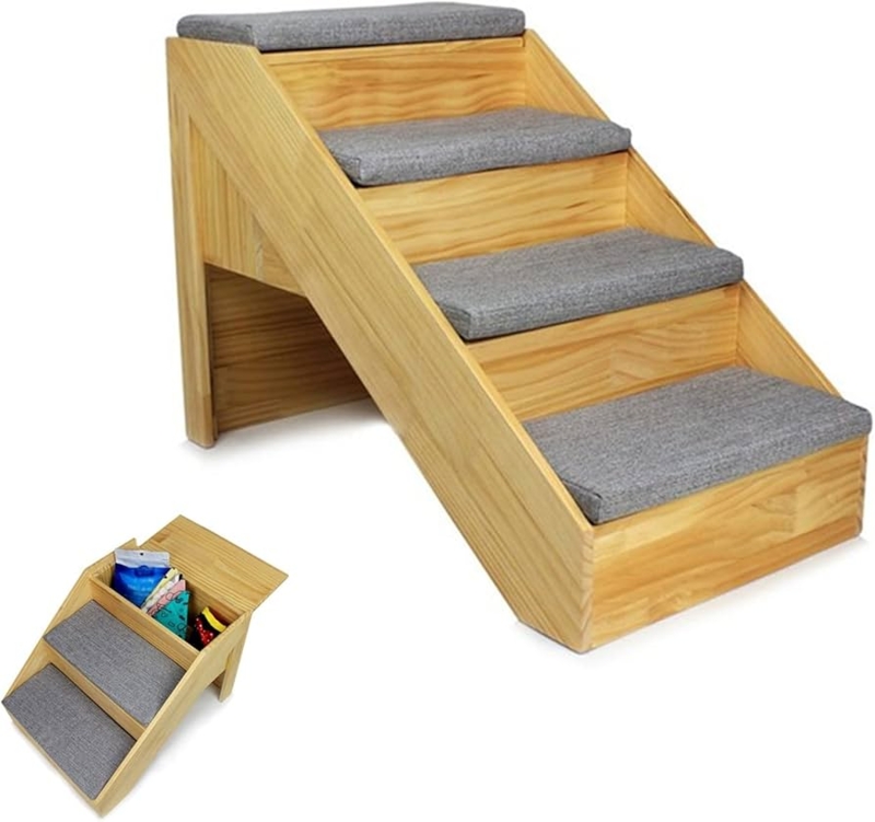 Pet Stairs, Wooden 4-Step with Hidden Storage and Removable Mats