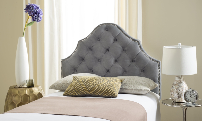 Pewter Velvet Headboard: Camelback Silhouette with Silver Nailhead Trim