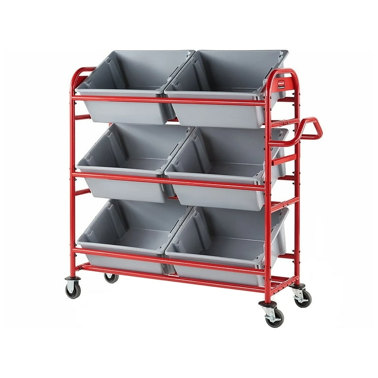 Picking Cart Three-Tier Industrial with Angled Storage Bins in Red