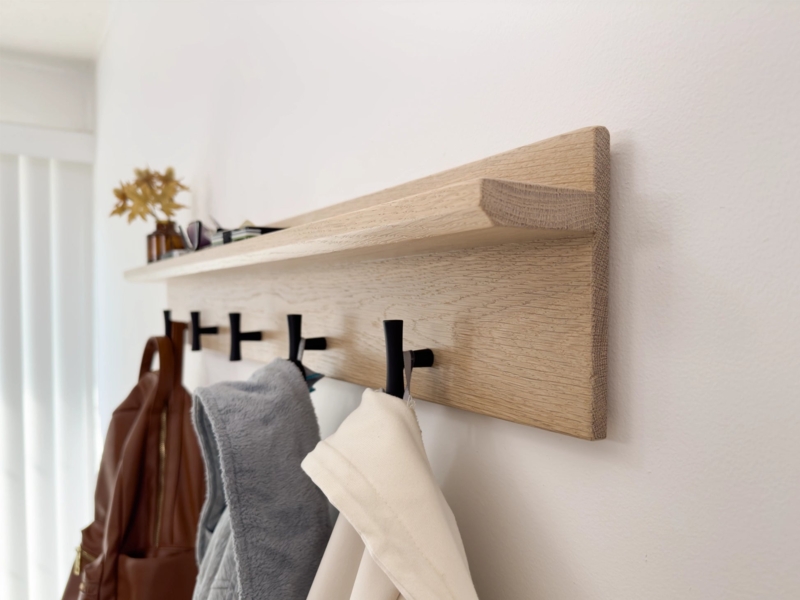 Pickled Oak Coat Rack Shelf, T-Hooks. Scandinavian organizer.