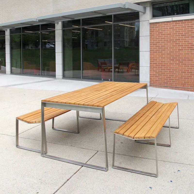 Picnic Set Modern Teak and Stainless Steel Sled Base with Slatted Top