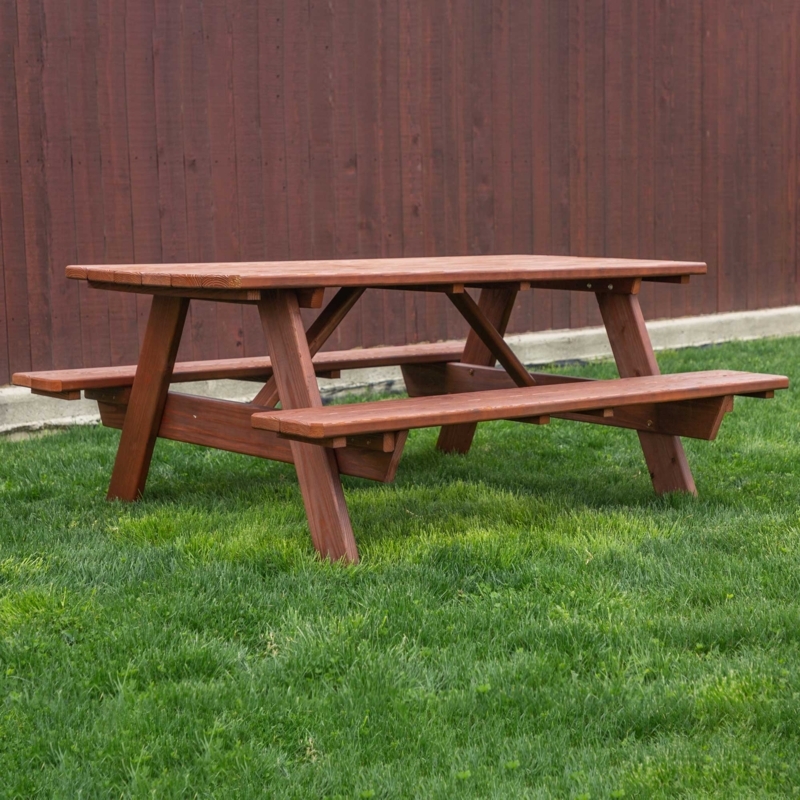 Picnic Table: Reddish Brown Stain, Diagonal Bracing, Farmhouse.