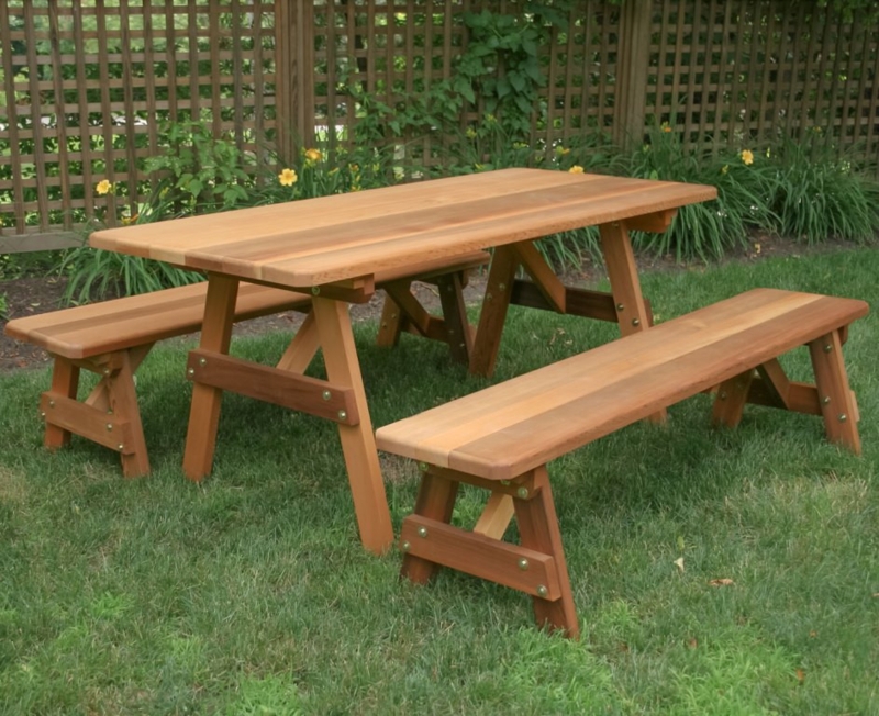 Picnic Table Set: Detached Backless Benches, Warm Cedar Grain.