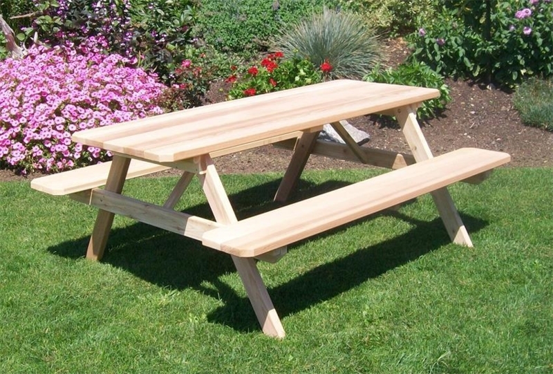 Picnic Table: Western Red Cedar, A-Frame Legs, Attached Benches.