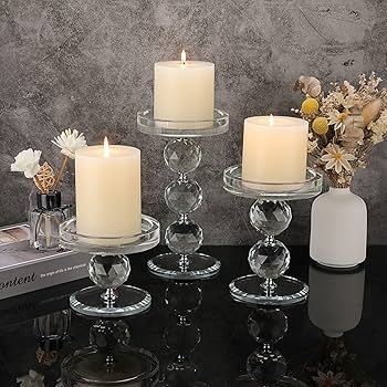 Pillar Candle Holder Clear Glass Faceted geometric Spheres Modern Glam Set