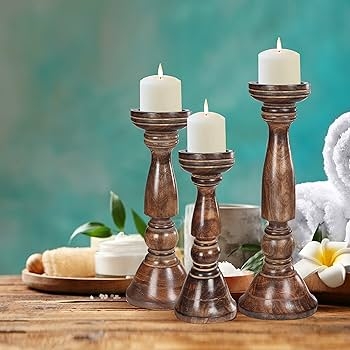 Pillar Candle Holder Farmhouse Wood Natural Burnt Finish Tiered Set