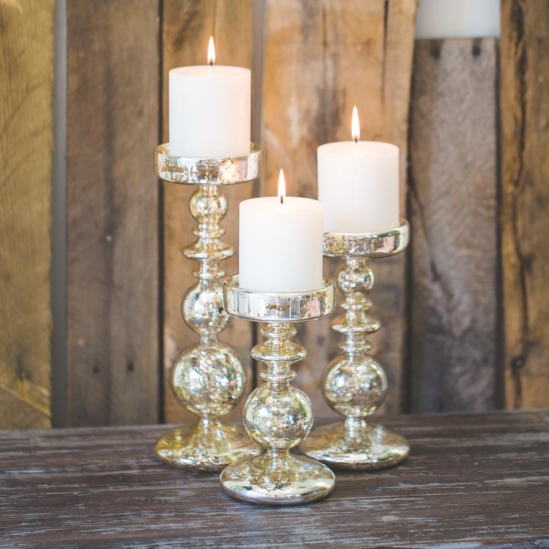 Pillar Candle Holder Mercury Glass Bubble Stem Staggered Silver Set
