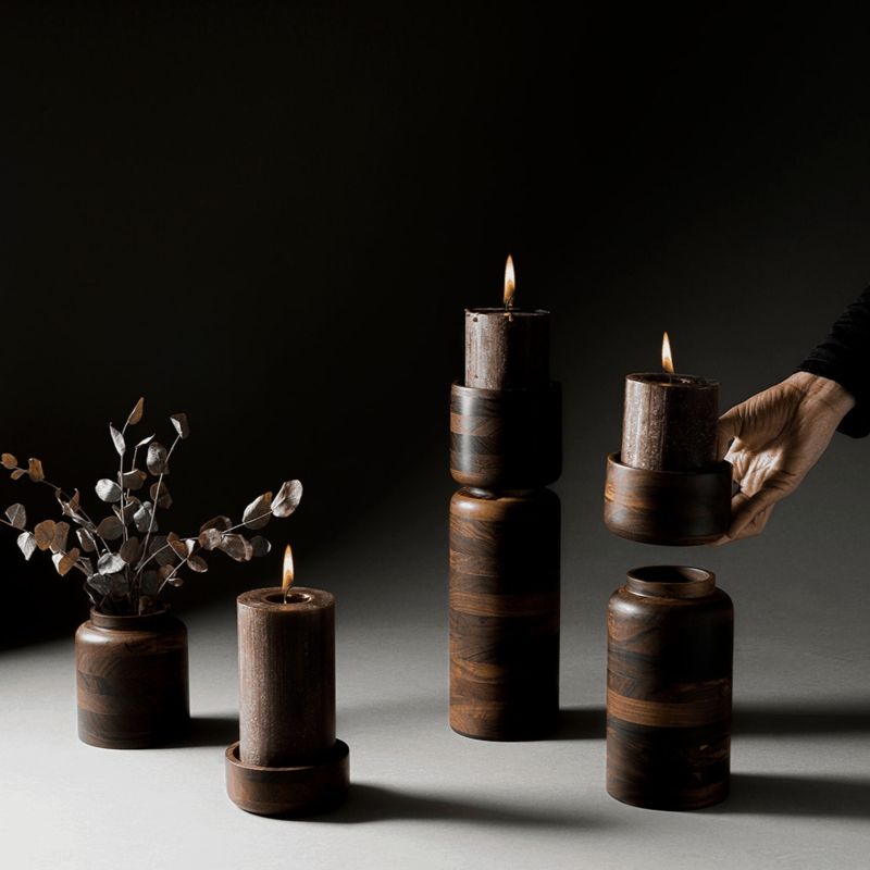 Pillar Candle Holder Modular Wood Stackable Vessel Dark Walnut Set