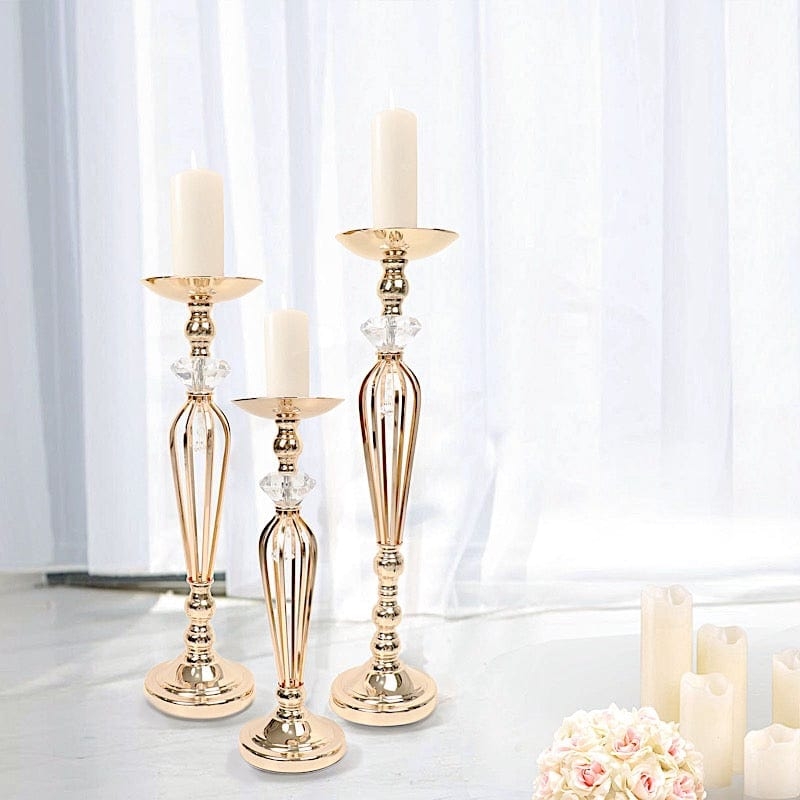Pillar Candle Holder Polished Gold Cage Stem Faceted Crystal Glam Set
