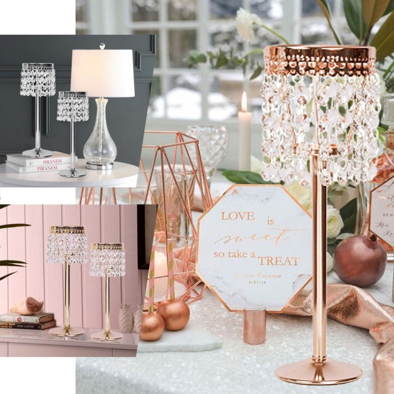 Pillar Candle Holder Rose Gold Crystal Beaded Fringe Slender Stem
