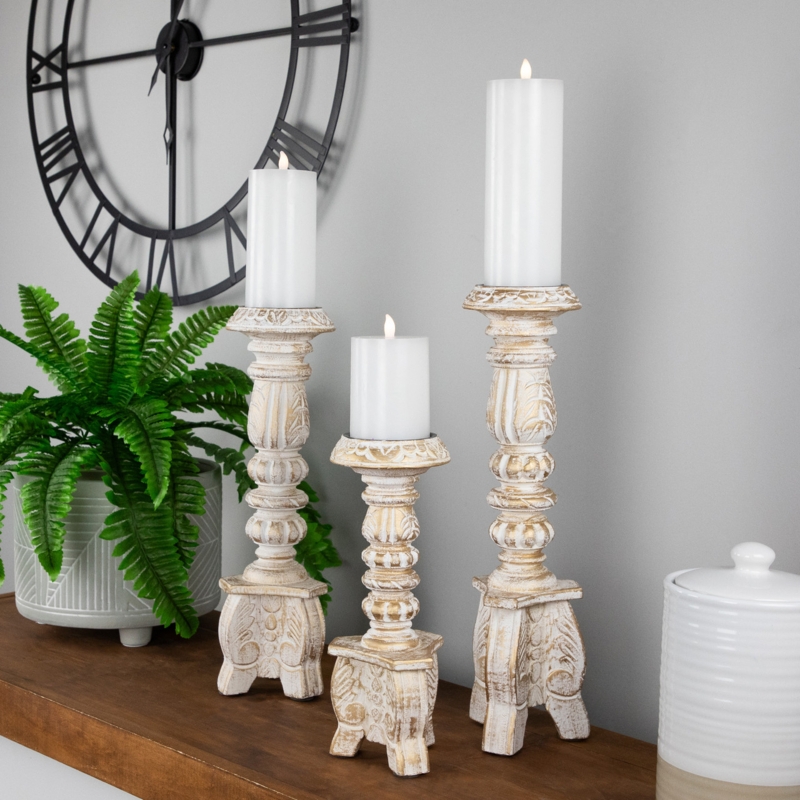 Pillar Candle Holders Brushed Gold Tripod Base Distressed Wood Set