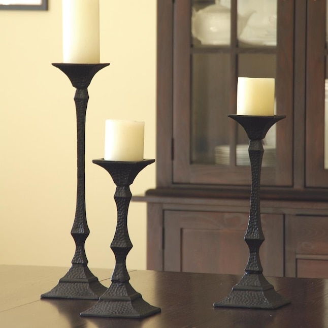 Pillar Candle Holders Matte Black Hammered Metal Mission Style Set