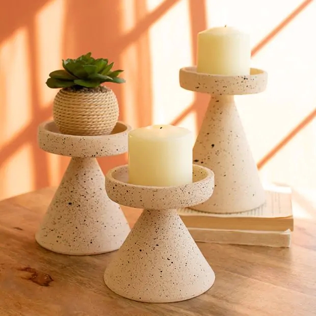 Pillar Candle Holders Speckled Clay Tapered Pedestal Earthy Minimalist Set