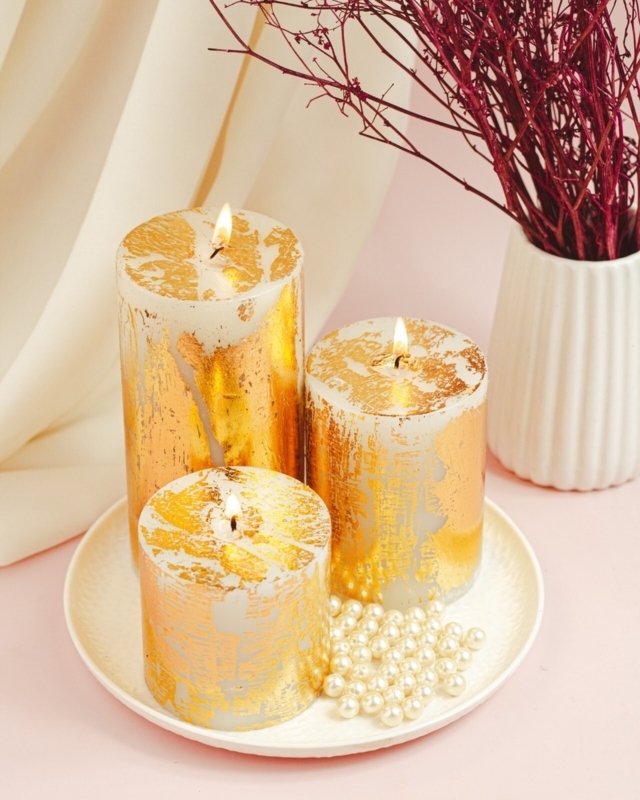 Pillar Candles White Wax Gold Leaf Effect Staggered Heights Modern Glam