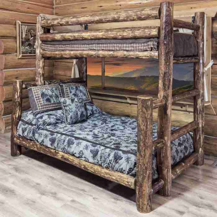 Pine Log Cabin Bunk Bed featuring Twin Over Full Layout