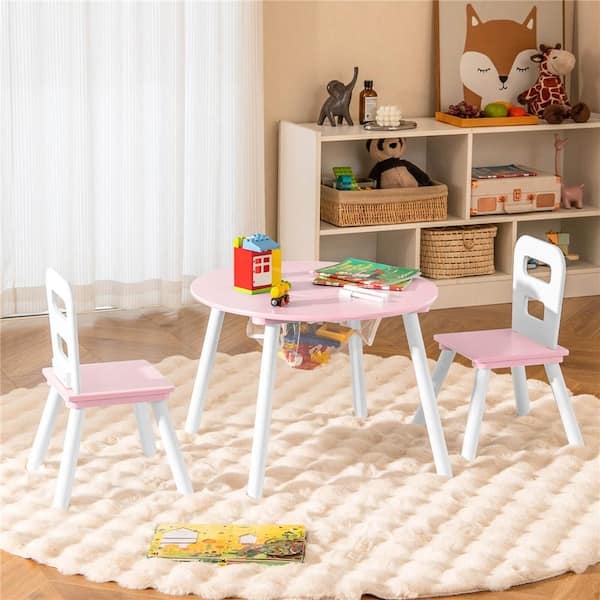 Pink and White Dual Tone Kids Table Set with Mesh Storage