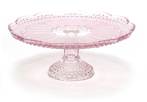 Pink Glass Cake Stand Hobnail Texture Scalloped Edge Vintage Server
