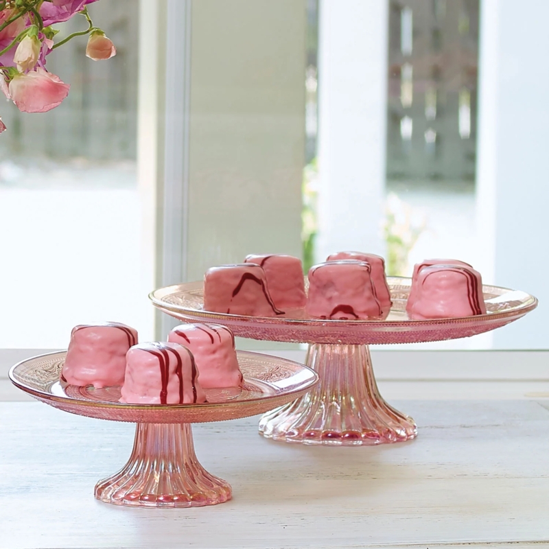 Pink Iridescent Cake Stand Ribbed Stem Shimmering Dessert Riser