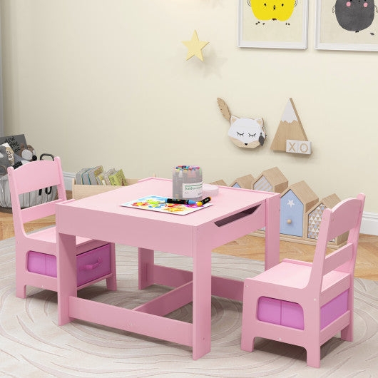 Pink Kids Table Set with Side Access Drawer and Seat Bins