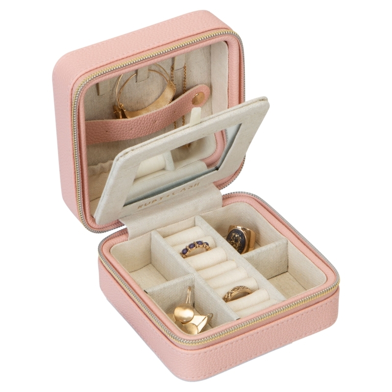 Pink Pebbled Jewelry Box, Mini Faux Leather Case with Integrated Mirror