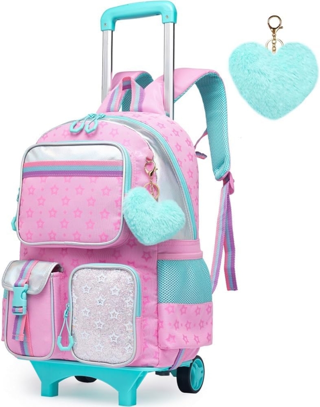 Pink Rolling Backpack with Glitter Star Pocket and Heart Plush
