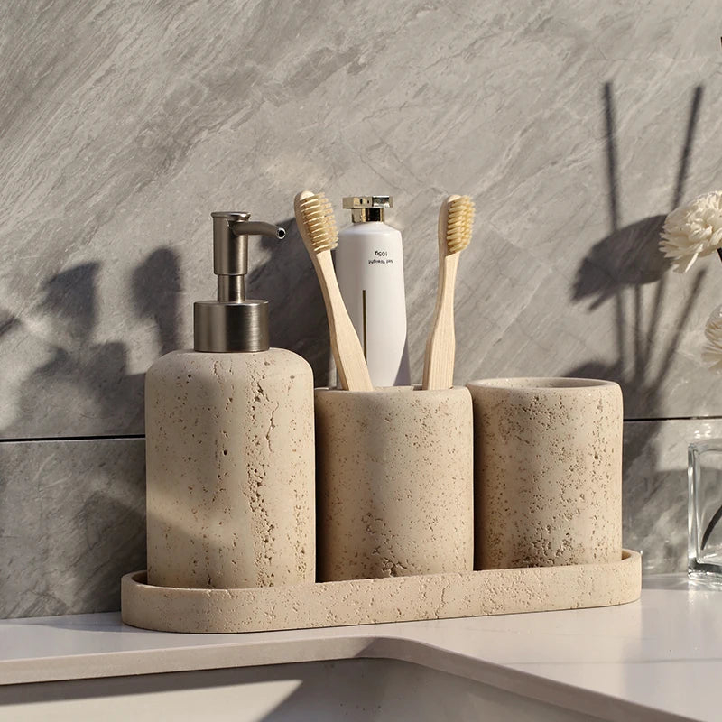 Pitted Texture Bathroom Accessory Set with Oval Base Tray