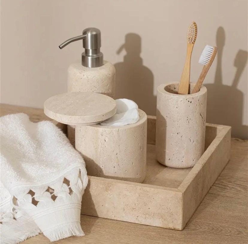 Pitted Travertine Bathroom Set featuring Lidded Storage Jar and Tray