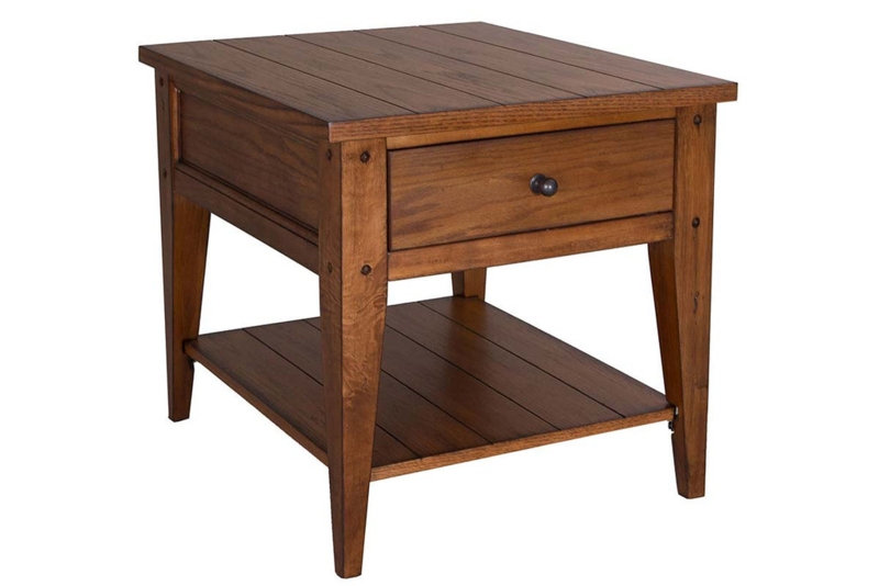 Plank Style End Table Golden Oak Single Drawer Shelf