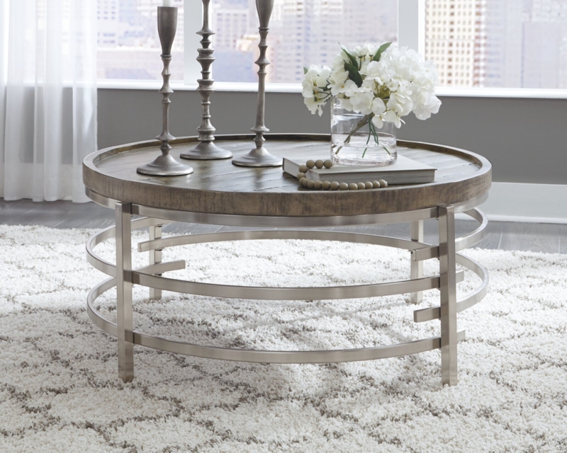 Planked Wood Coffee Table with Round Top and Curved Metal Rib Base