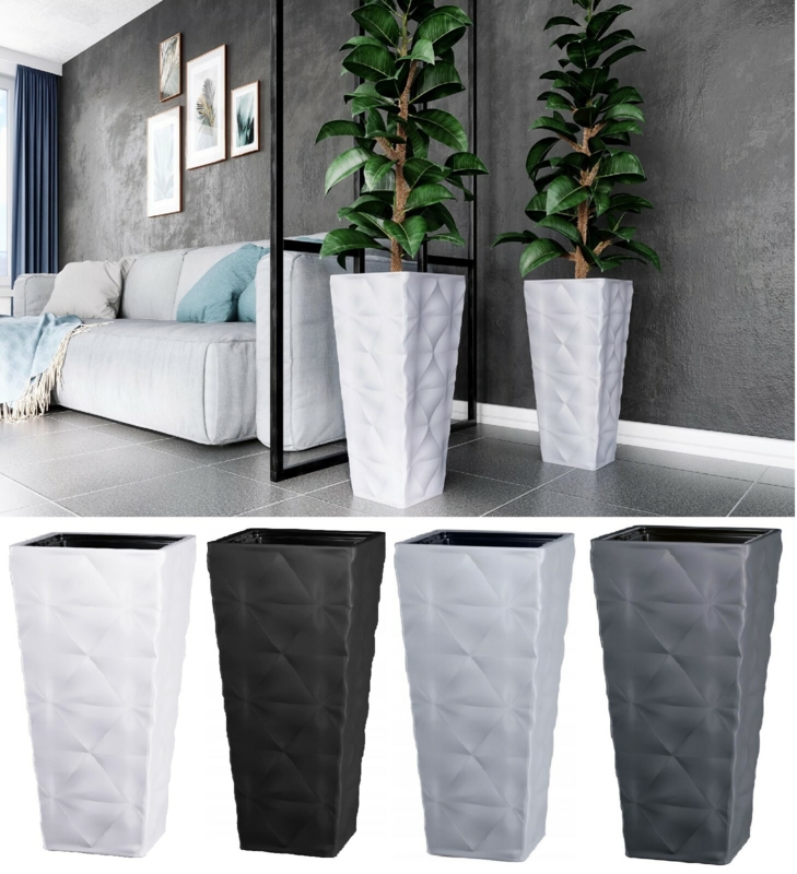 Plant Pot, Geometric Diamond Pattern Faceted Exterior, Tall Square
