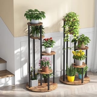 Plant Stand 4 Tier Staggered Circular Shelves Walnut Wood Black Metal