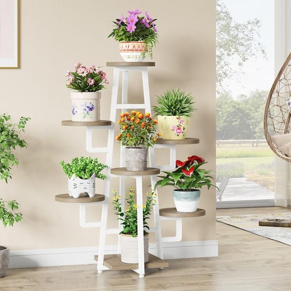 Plant Stand 7 Tier Staggered Platforms White and Wood Vertical