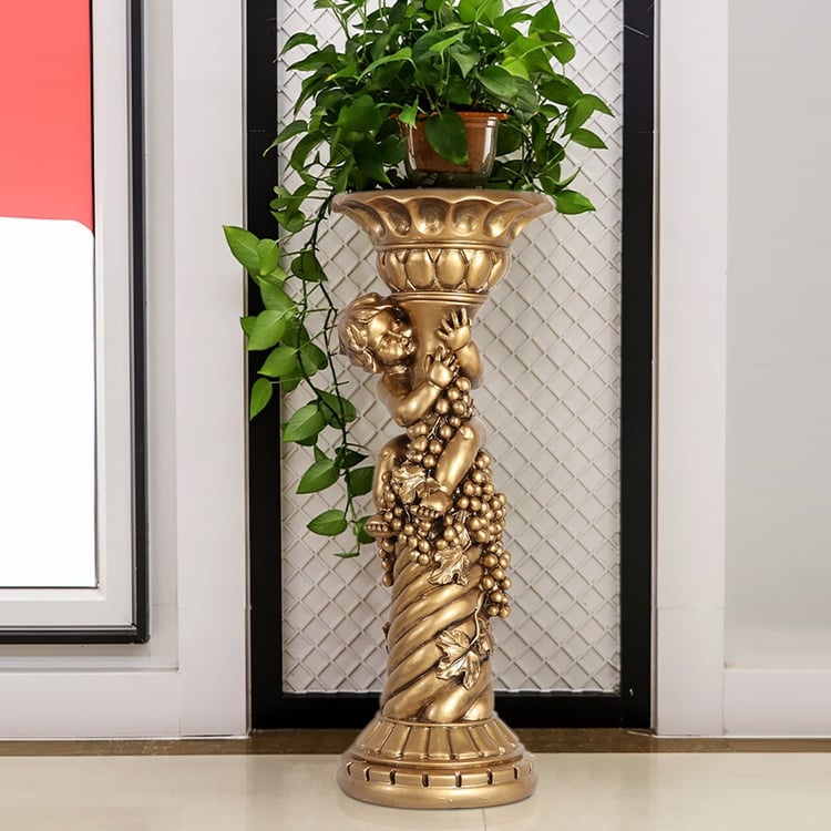 Plant Stand Antique Gold Cherub Sculpture Grape Vine Details Baroque