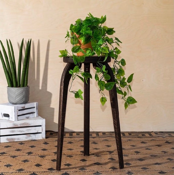 Plant Stand Curved Tripod Legs Dark Wood Finish Bohemian Rustic Modern