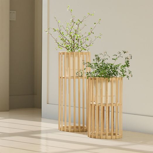 Plant Stand Cylindrical Cage Vertical Slats Light Oak Scandinavian