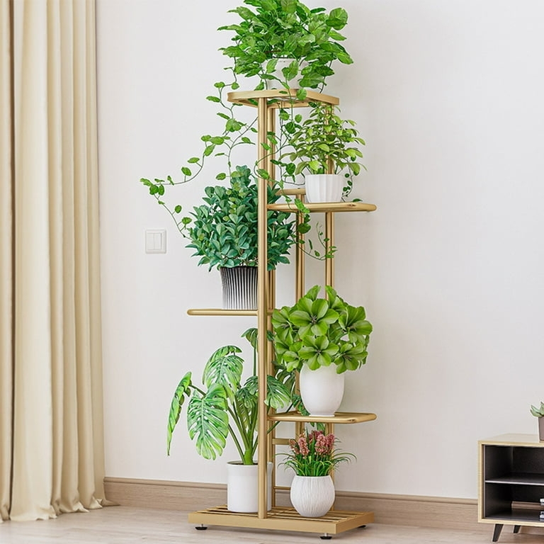 Plant Stand Gold Finish Metal 5 Tier Design Staggered Shelves Glam