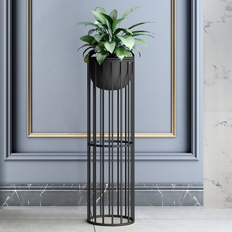Plant Stand, Matte Black Metal Cylindrical Cage, Industrial Chic