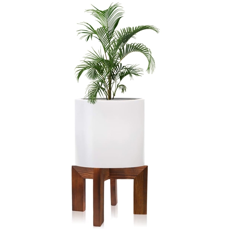 Plant Stand Mid Century Walnut Brown Wood Cylindrical Pot Elevated