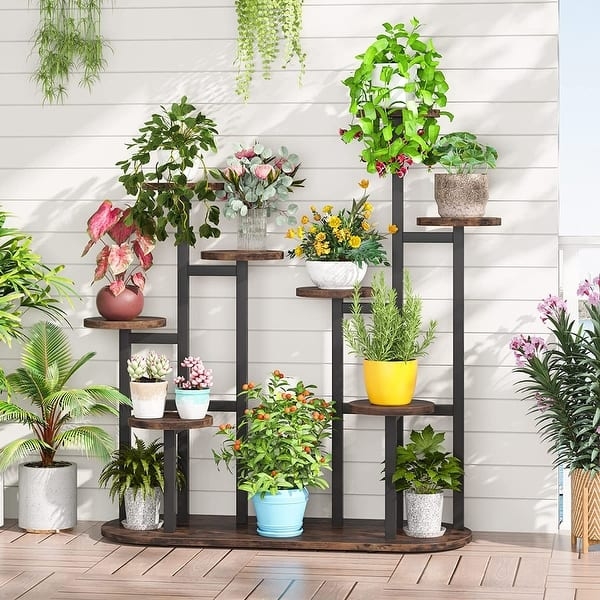 Plant Stand Multi Tiered Oval Base Wood Shelves Black Metal Industrial