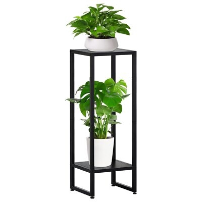 Plant Stand Narrow Matte Black Metal Two Tier Square Platform Vertical
