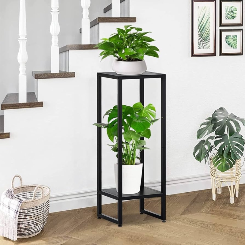 Plant Stand Tall Matte Black Metal Slender Silhouette Two Tier