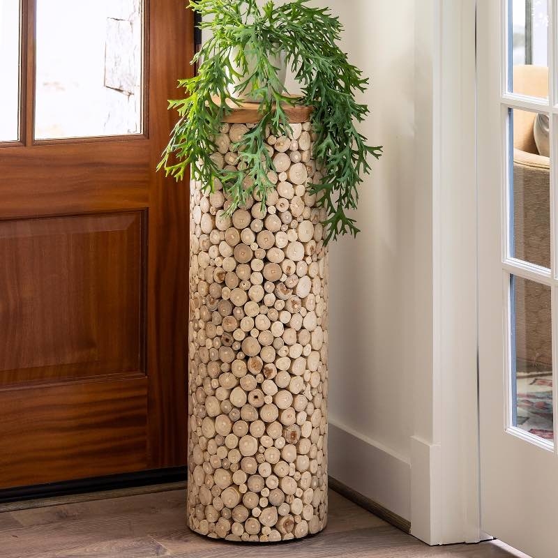 Plant Stand Teak Wood Log Slice Mosaic Cylindrical Column Rustic