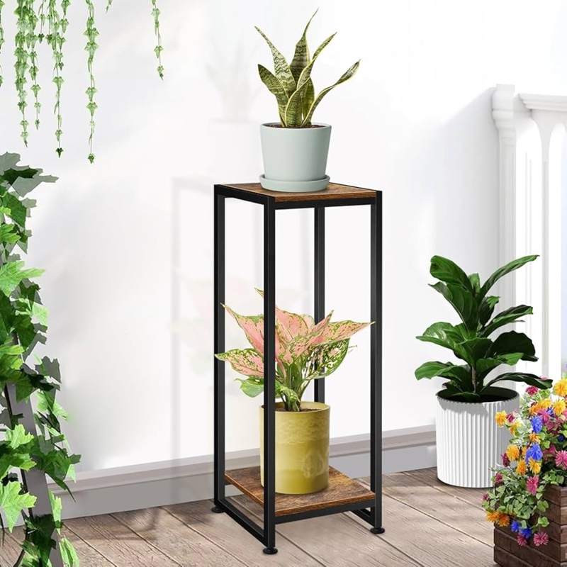 Plant Stand Two Tier Industrial Metal Frame Wood Shelves Tall