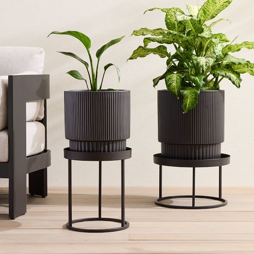 Plant Stand Vertical Slats Charcoal Grey Pots Matte Black Metal Tiered