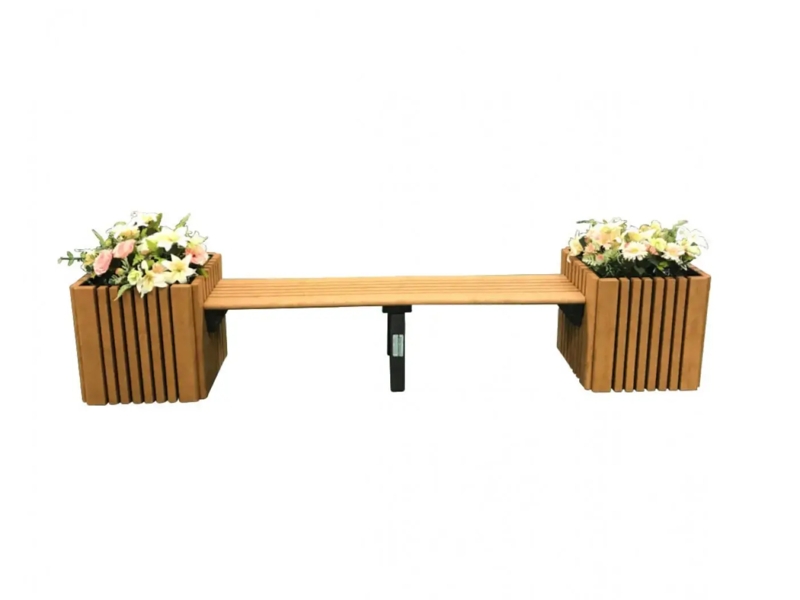 Planter Bench Backless Seat Metal Frame Warm Honey Wood Slats Commercial