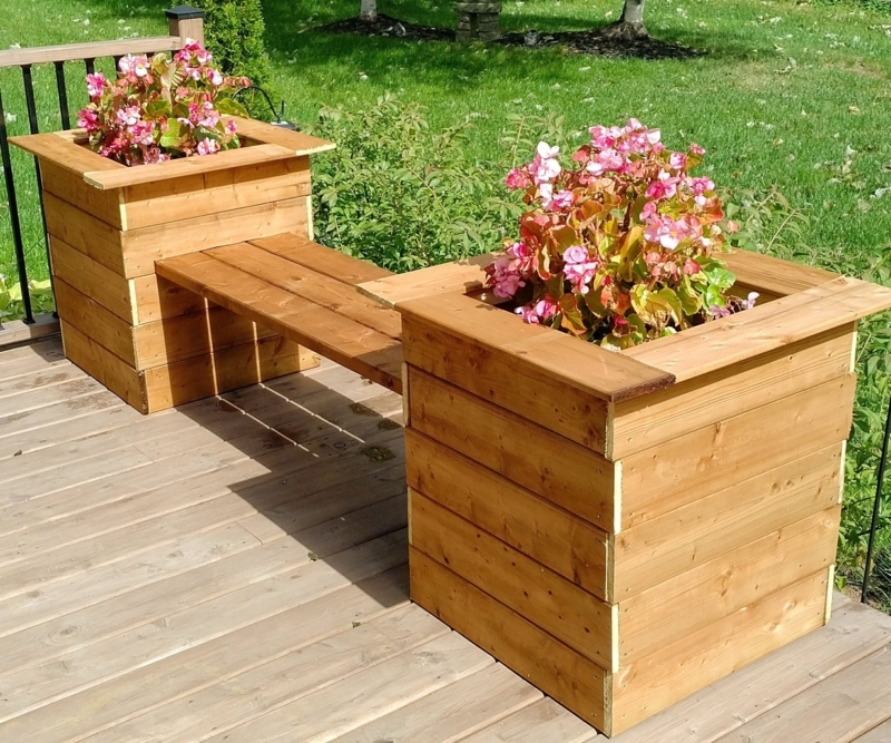 Planter Bench Box Frame Warm Brown Stained Satin Slatted Seat Rustic
