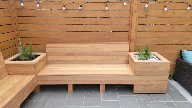 Planter Bench Built-In Design Warm Cedar Horizontal Slats Modern