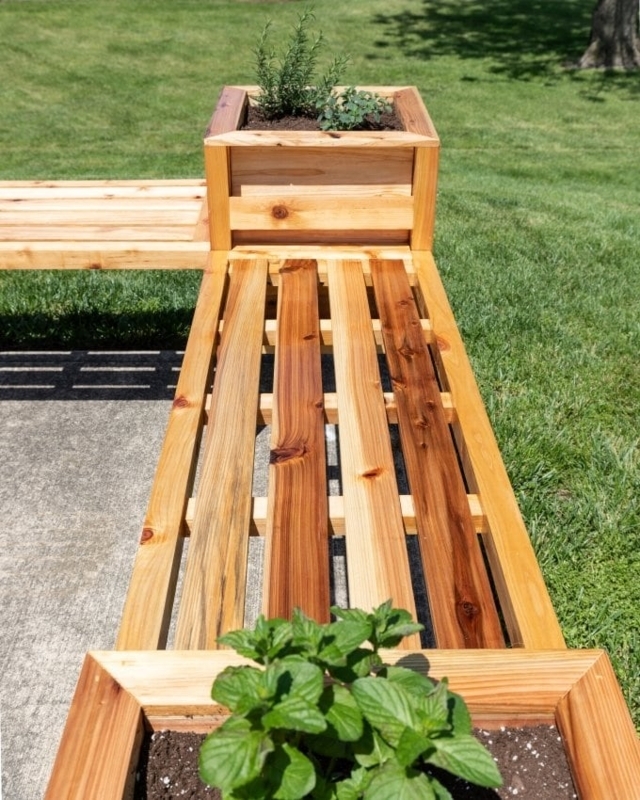 Planter Bench Corner Seating Warm Cedar Slatted Seat Natural Stain