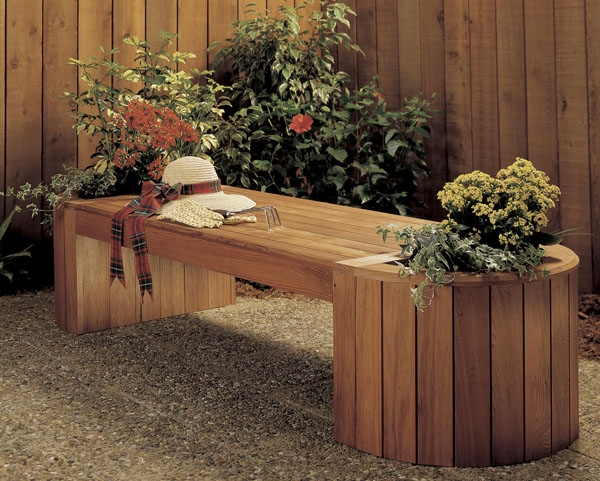 Planter Bench Curved Planter Warm Brown Wood Slatted Seat Rustic