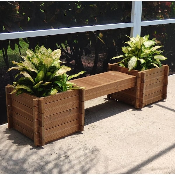 Planter Bench Interlocking Corners Warm Brown Modular Wood Garden Seating